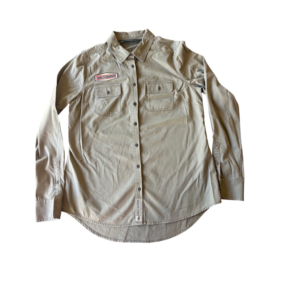 Harley-Davidson Womens Button Up Shirt Olive Green Long Sleeve Biker Eagle‎